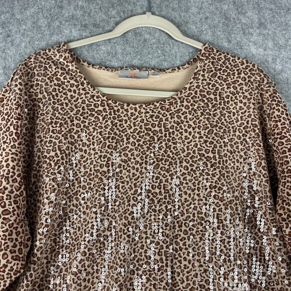 Quacker Factory Top Womens 3X Tan Animal Print Sequin 3/4 Sleeve Cotton Artsy - Picture 2 of 13